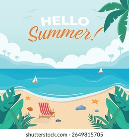 Summer Beach Sea Ocean Themed Green Beach Chair Illustration vector Editable flat design holiday nature paradise tourism tropic tropical banner background editable picnic