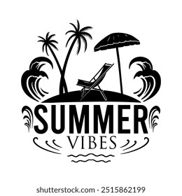 Summer Beach Sea Ocean Water Silhouette Illustration Vintage Design Icon Art Vector