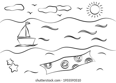 Summer beach, sea and sailboat child's drawing. Summer item doodle. Hand drawn vector illustration.