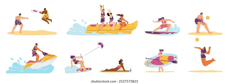 Conjunto de ilustraciones planas de Vector de actividades deportivas y de ocio de playa y mar de verano. Jugar juegos de equipo, yoga o ejercicio físico, surf. Vespa del agua, barco del plátano, paracaídas, tablero del SUP