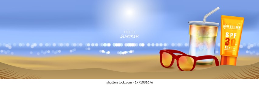 Summer beach and sea sunlight, Sunscreen cream and Sunglasses on beach background in 3d illustration
