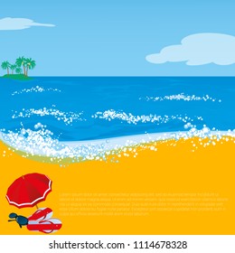 Summer beach sea vacation  holiday abstract with sunglasses, umbrella and flip flops.    Vector illustration of seaside with light surf  and palm island.