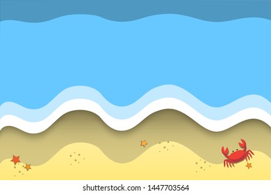 Summer beach sea waves. Top view with crab and star fish.  Holiday vacation travel concept. Flat design vector illustration 