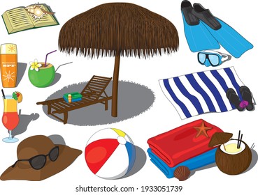 Summer beach sea weekend vacation recreation vector. Hot summer relaxation, ocean rest, coconut and beach cocktail, coconut water, flippers and swimming gogles, sunbed with a sun umbrella