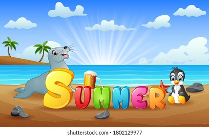 Summer beach with seal and penguin