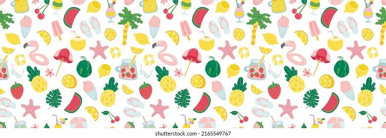 Summer beach seamless background horizontal. vacation, holiday, relax, tourism, travel background
cocktail, lemon, ice cream, pineapple, watermelon, strawberry, melon, beach