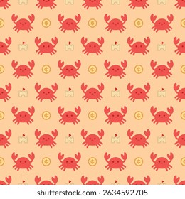 Summer beach seamless background of red crabs, sand castles, and treasure gold coins with cent symbol. Seamless texture for beach towels, tote bags, wallpaper, pyjamas. Vector illustration, EPS 10.