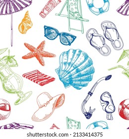 Summer beach seamless modern background, retro hand drawn vector illustration. Repeating composition of sea rest accessories for packaging design, vintage engraving sketch pattern.