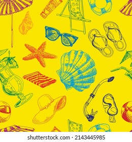 Summer beach seamless modern background, retro hand drawn vector illustration. Repeating composition of sea rest accessories for packaging design, vintage engraving sketch pattern.