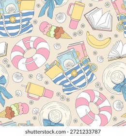 Summer Beach Padrão sem costura com livros Tote óculos de sol Ice Cream e acessórios costeiros em estilo de ilustração pastel