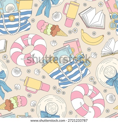 Summer Beach Seamless Pattern with Books Tote Sunglasses Ice Cream and Coastal Accessories in Pastel Illustration Style
