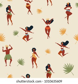 Summer beach seamless pattern. Brazilian samba dancers of the carnival in Rio de Janeiro. Vector illustration in retro style.