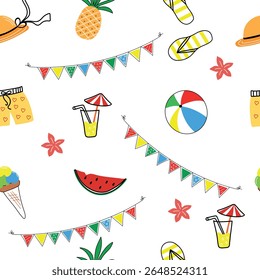 Summer beach seamless pattern with cartoon different beach elements: ball, cocktail, watermelon, pineapple, ice cream. Summer beach party concept. Template for wrapping paper, and children's textiles