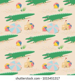 Summer beach seamless pattern. Crocodile toy, ball, umbrella, sand castle. Play on a sunny beach.