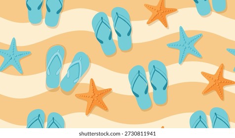 Padrão de praia de verão sem costura com vários chinelos azuis e estrela-do-mar laranja em um fundo arenoso ondulado com tons claros.