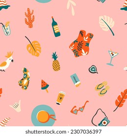 Summer beach seamless pattern with hat, palm tree, pinaple, cockatoo, swimsuit, ice cream, lemonade. Hawaiian style. Surf print for paper, cover, fabric, interior decor in vector. 