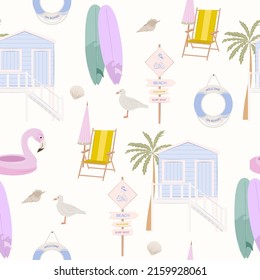 Summer beach seamless pattern with beach house, surfboard, sun bed, palm. Editable vector illustration.