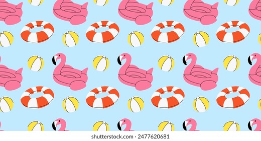 Patrón sin costuras de playa de verano. Anillo inflable del flamenco y bola. Fondo de vacaciones de verano. Vacaciones en el mar. Piscina. Textil, papel de embalaje, diseño de Fondo de pantalla, Ilustración vectorial de impresión