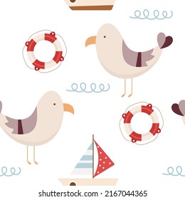 Summer Beach Seamless Pattern with marine elements – cute seagull, sail boat, lifebuoy. Vector Illustration.