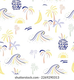 Summer beach seamless pattern with oceanic waves, palm trees, sun. Vector holiday texture 