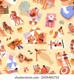 Summer beach, seamless pattern. People relaxing, sunbathing on sand, sea resort on holiday, vacation. Endless background, print for textile, fabric, wrapping design. Printable flat vector illustration