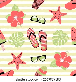Summer beach seamless pattern. Popsicle, slate, hibiscus, monstera, starfish.