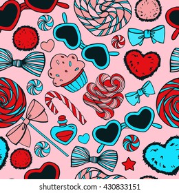Summer beach seamless pattern in red and blue colors. Vector.
