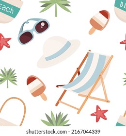 Summer Beach Seamless Pattern with rest elements – sunglasses, summer hat, beach deck chair, starfish. Vector Illustration