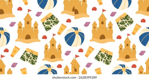 Summer beach seamless pattern with sandcastles, beach balls, tropical shorts, sunscreen, and seashells, perfect for vacation wrapping paper, kids beach products, holiday party decorations, and seaside