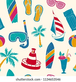 Summer Beach Seamless Pattern with Scuba, Palms, Surfboard and Yacht