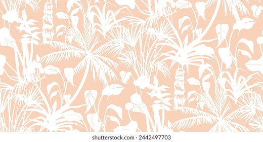 Summer beach seamless pattern with silhouettes of tropical plants and palm trees on peachy shadows for textiles and design