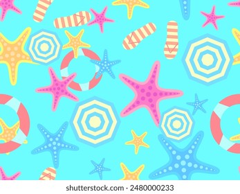 Patrón sin costuras de playa de verano con estrellas de mar, sombrillas de playa y anillos inflables para nadar. Hora de verano. Vista superior de la playa para Fondos de pantalla, envoltorios, cubiertas, Anuncios y carteles. Ilustración vectorial