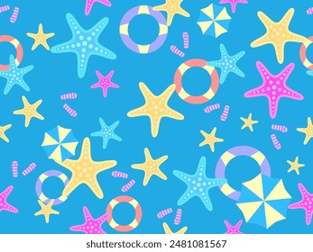 Patrón sin costuras de playa de verano con estrellas de mar, sombrillas de playa y anillos inflables para nadar. Hora de verano. Vista superior de la playa para Fondos de pantalla, envoltorios, cubiertas, Anuncios y carteles. Ilustración vectorial