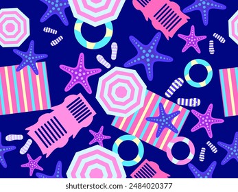 Patrón sin costuras de playa de verano con estrellas de mar, sombrillas de playa y anillos inflables y tumbonas. Vista superior de la playa para Fondos de pantalla, envoltorios, cubiertas, Anuncios y carteles. Ilustración vectorial