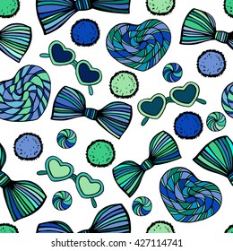 Summer beach seamless pattern with sunglasses, bows and lollipops.