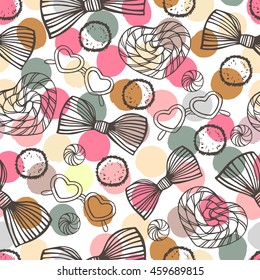 Summer beach seamless pattern with sunglasses, bows and lollipops. Vintage background.