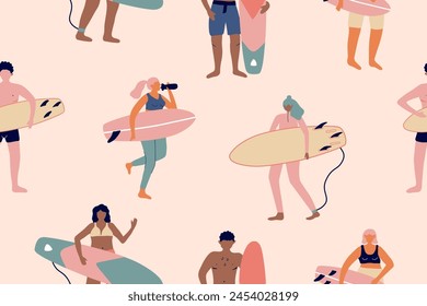 Summer beach seamless pattern with surfers. Surf illustration in cartoon style.