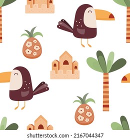 Summer Beach Seamless Pattern with tropical elements – cute toucan, sand castle, palm tree. Vector Illustration.