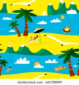 Summer beach seamless pattern. Tropical background with beach activity cute people in cartoon style. Idyllic sea landscape with mountains and palms. Vector illustration with seagulls