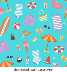 Summer beach seamless pattern with umbrella, cocos and icecream, swimming flamingo, surfboard and holiday elements vector illustration. Vacation on sea summer beach background.