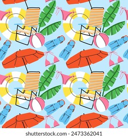 Summer beach seamless pattern. Umbrella, sun lounger, inflatable ring and ball. Summertime holiday journey. Sea vacation. Decor textile, wrapping paper, wallpaper design, print for fabric. Vector