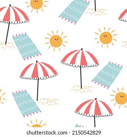 Summer beach seamless pattern. Vector hand drawn illustration.