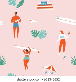 Summer beach seamless pattern in vector. Surf illustration in retro mid century style