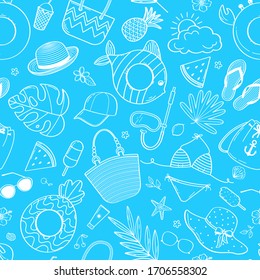 Summer beach seamless pattern white sketch on a blue background
