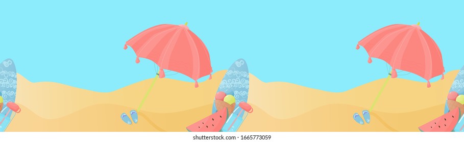 Summer beach seamless poster, flyer or beach party invitation with umbrella, surfboard, ice cream, flippers and slippers. Vector illustration