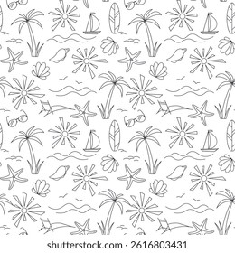 Summer beach seamless vector pattern with palm tree, sun, starfish, boat, sunbed. Monochrome print for fabric, wallpaper, textile and t-shirt print.