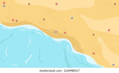 Summer beach seascape, scenery of seashore with water and sand with sea star and conches. Vector tropical beach landscape, tranquil Hawaii resort with nobody on shore, coast background