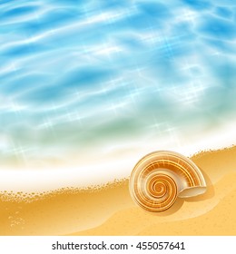 Summer beach seascape with waves and a sea shell on the shore on a sunny day; Vector background; No Mesh; Vector Eps10 svg