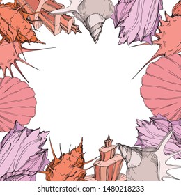 Summer beach seashell frame on white background