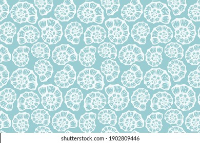 summer beach Seashell pattern on blue. Vector seamless background. Simple elegant ocean sea shell fabric pattern. Water colour design. Graphic illustration